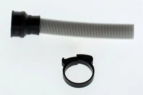 Flexible Ablaufleitung in Schwarz und Weiß mit Anschlussstück und Spannring, geeignet für Bosch-Produkte.